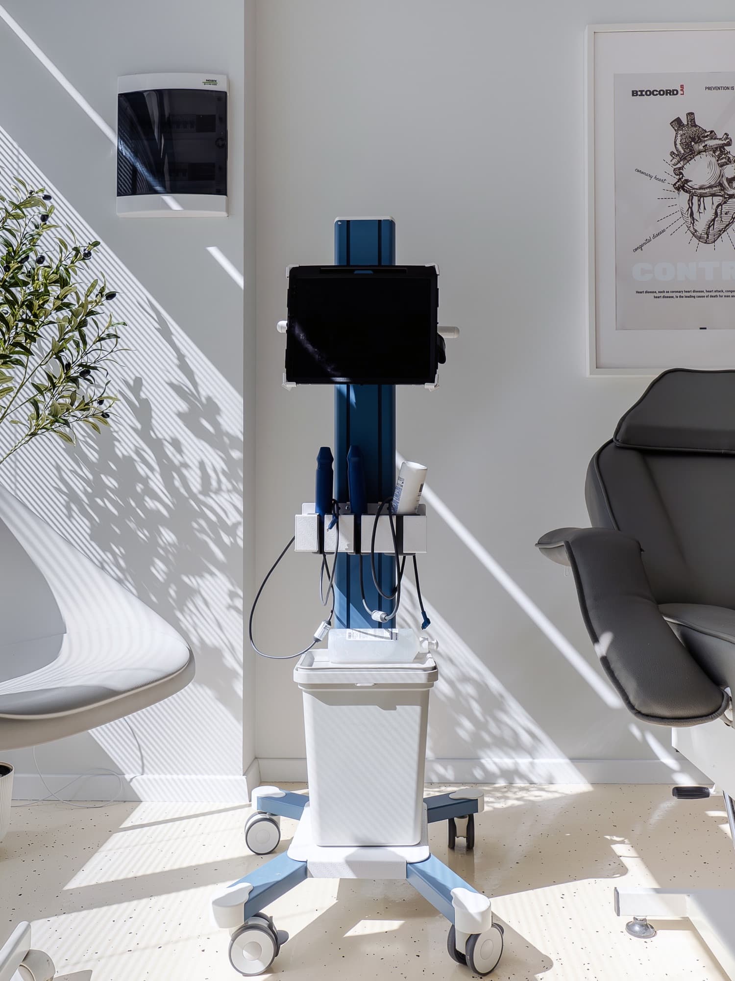 The ultrasound scanner and examination chair at the Biocord practice, in natural light