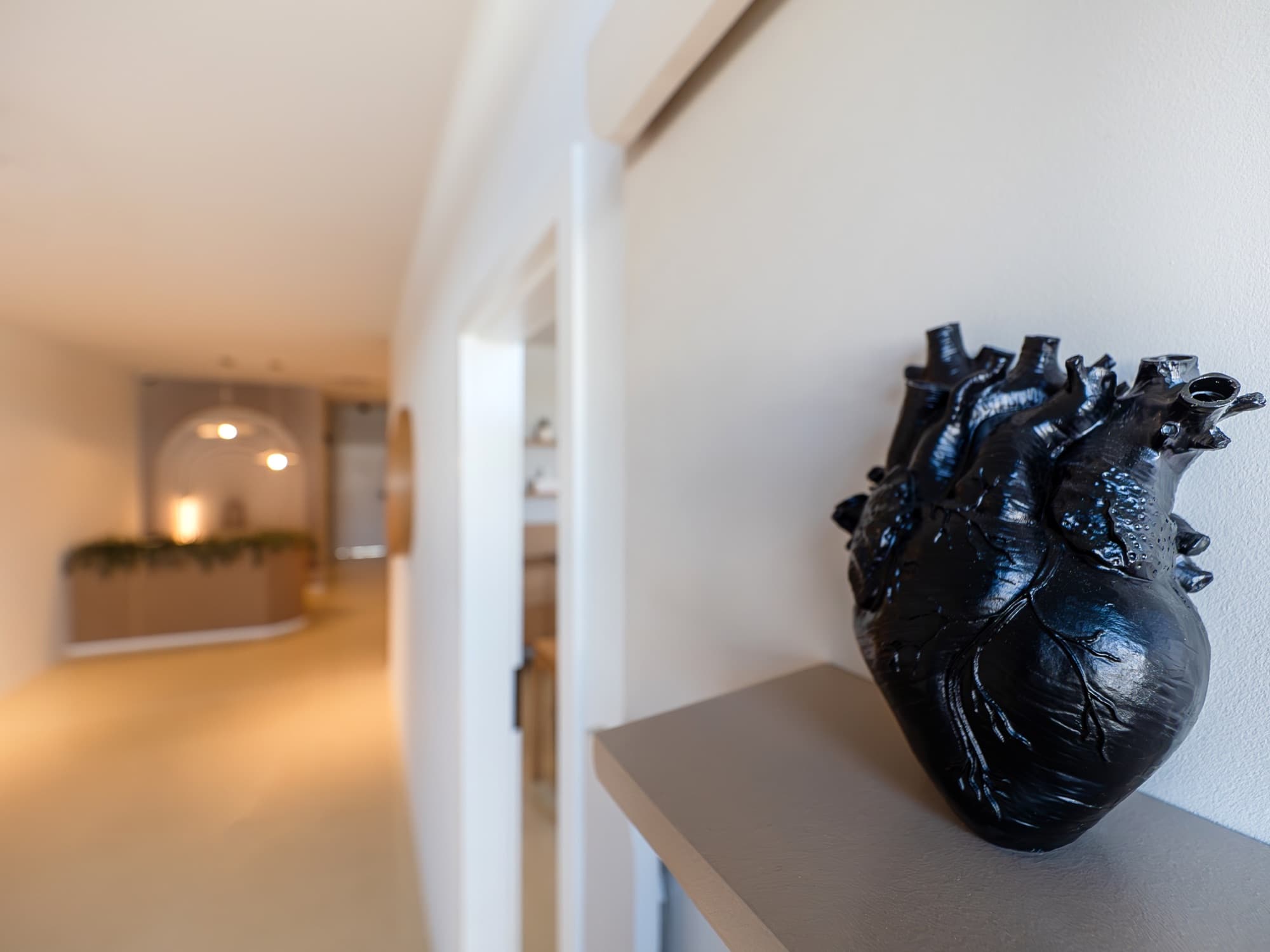 A glossy black sculpture of a heart on a shelf in the hallway of the Biocord practice