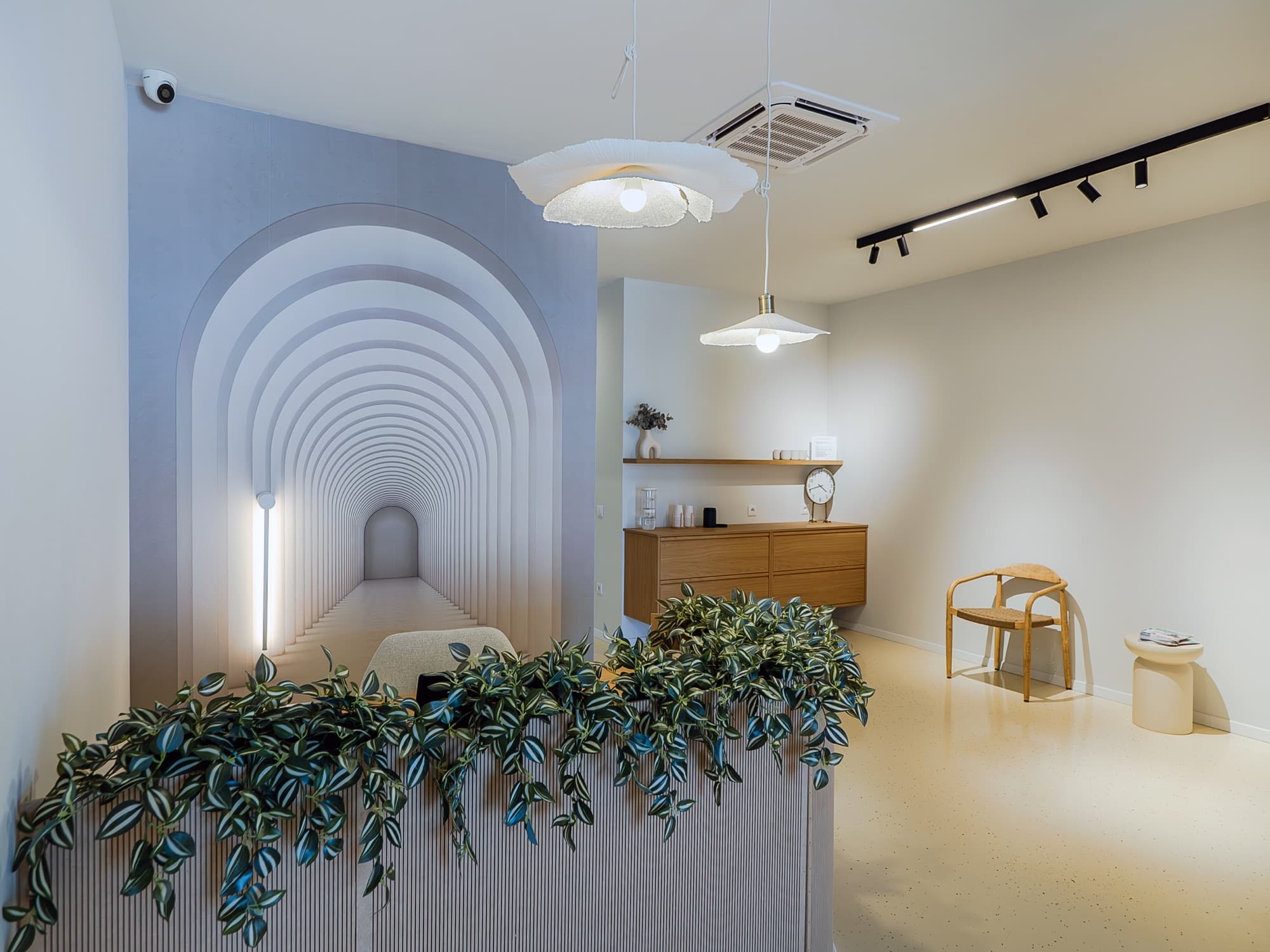 The Biocord reception desk, with its stepped archway and plants along the counter