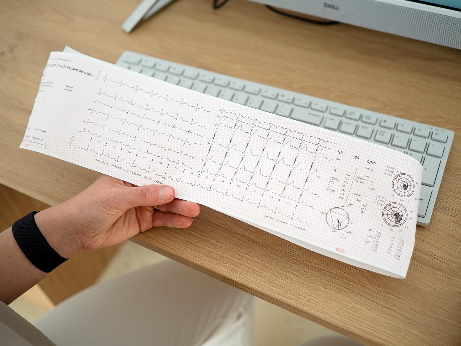 The printed trace of an electrocardiogram, held in a hand above the desk